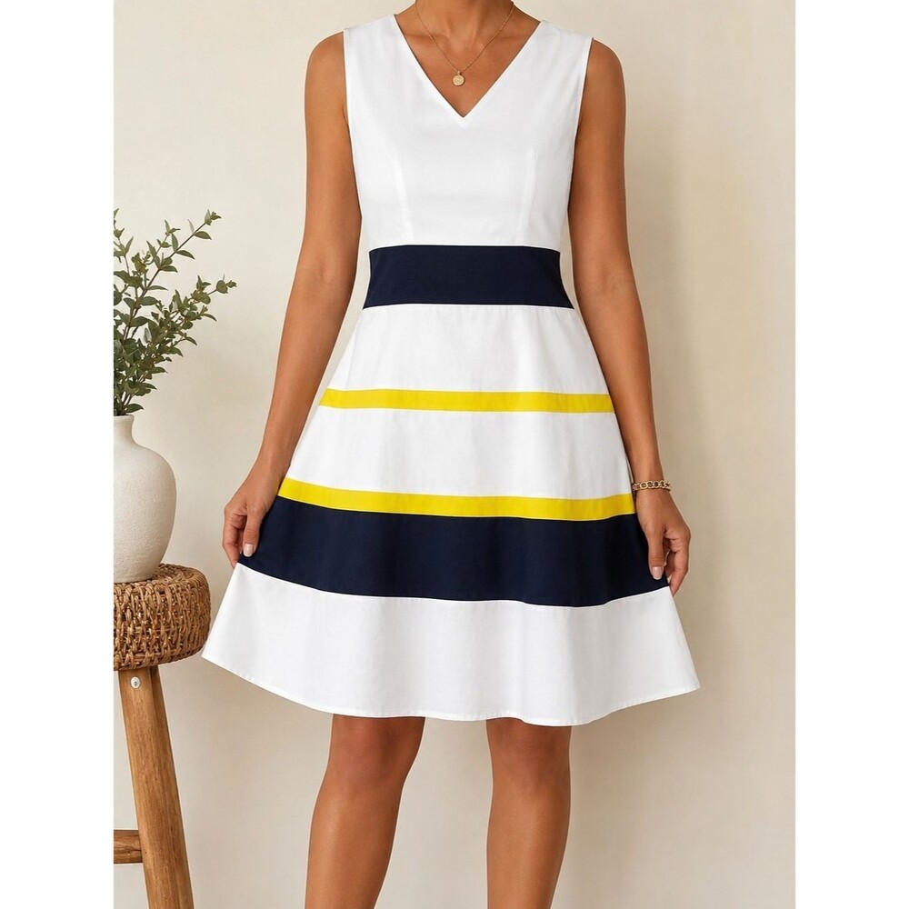 Black Label by Evan-Picone Colorblock Fit & Flare Dress Size 16 White Navy Yello